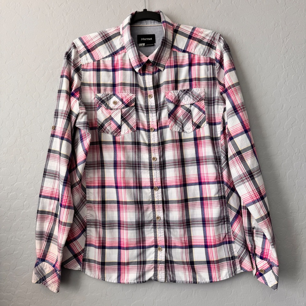 Marmot Large Button Down Shirt Pink Plaid Long Sleeve Roll Tab Hiking Top